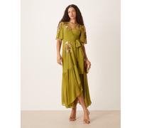 Hope & Ivy - Vestito lungo avvolgente color oliva decorato-Verde 38