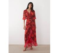 Hope & Ivy - Vestito lungo avvolgente rosso a fiori con maniche con volant 40