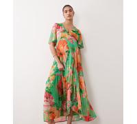 Hope & Ivy - Vestito lungo avvolgente verde a fiori allacciato in vita con maniche con volant-Viola 48