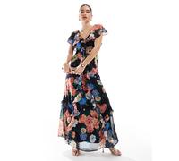 Hope & Ivy - Vestito lungo blu navy a fiori con finiture in pizzo e apertura a goccia 40