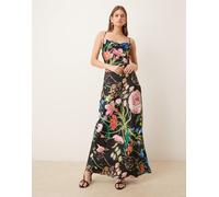 Hope & Ivy - Vestito lungo con scollo ad anello e schiena scoperta con allacciatura in raso nero a fiori con spacco 44