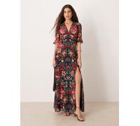 Hope & Ivy - Vestito lungo con stampa blu navy e rosso con spacco sulla coscia, maniche con volant e apertura sul retro-Multicolore 44