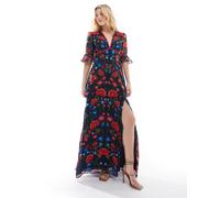 Hope & Ivy - Vestito lungo con stampa blu navy e rosso con spacco sulla coscia, maniche con volant e apertura sul retro 38