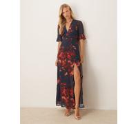 Hope & Ivy - Vestito lungo in chiffon blu navy e rosso a fiori con scollo a V, bottoni, schiena scoperta e spacco sul davanti 40