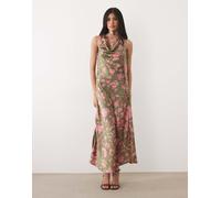 Hope & Ivy - Vestito lungo in raso verde a fiori con scollo ad anello 40