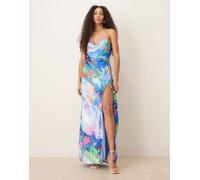 Hope & Ivy - Vestito lungo incrociato sul retro in raso blu a fiori con spalline sottili 42