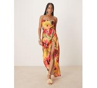 Hope & Ivy - Vestito lungo incrociato sul retro in raso giallo a fiori con spalline sottili 40
