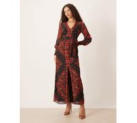 Hope & Ivy - Vestito lungo nero e rosso a fiori con scollo a V e bottoni sul davanti-Multicolore 40