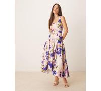 Hope & Ivy - Vestito midi a fiori viola con vita scesa e scollo quadrato 40