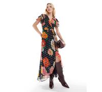 Hope & Ivy - Vestito midi a portafoglio allacciato in vita color blu navy con stampa e maniche con volant 38