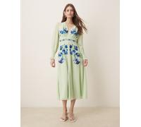 Hope & Ivy - Vestito midi a portafoglio verde menta con maniche trasparenti e ricami 42