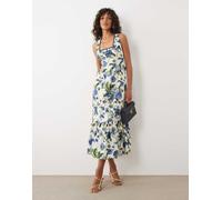 Hope & Ivy - Vestito midi allacciato al collo blu a fiori con scollo squadrato e allacciatura sul retro-Multi 46