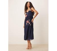 Hope & Ivy - Vestito midi blu navy a balze con spalline allacciate e decorazioni con carpa koi 38