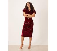 Hope & Ivy - Vestito midi bordeaux in velluto decorato con scollo a V-Rosso 40