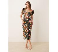 Hope & Ivy - Vestito midi elasticizzato nero a fiori con scollo squadrato e cintura 40