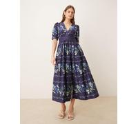 Hope & Ivy - Vestito midi in cotone blu navy a fiori con bottoni sul davanti e scollo a V 38