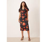 Hope & Ivy - Vestito midi in raso nero e rosso a fiori con finiture in pizzo e maniche con volant-Multicolore 42