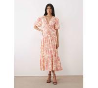 Hope & Ivy - Vestito midi rosa a fiori con scollo a V e maniche a sbuffo 40