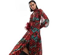 Hope & Ivy - Vestito rosso a fiori in rete plumetis metallizzata con gonna al polpaccio 40