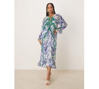 Hope & Ivy - Vestito trasparente con gonna al polpaccio bianco e blu con stampa di palme e volant 42