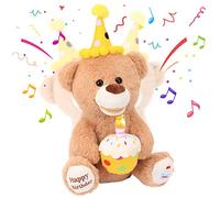 Hopearl Adorabile orsacchiotto di buon compleanno con cupcake incandescente musicale peluche orso di peluche che canta e agita giocattolo interattivo animato per bambini, marrone, 38 cm