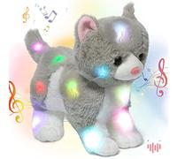 Hopearl Gatto Peluche Musical LED con Luci e Canzoni, Micio Peluche Illuminato con Volume Regolabile Ninna Nanna per Bambine, Grigio, 34 cm