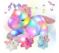Hopearl LED Musicale Stuffed Unicorn Playset Illumina Singing Peluche Giocattolo Mamma Unicorno con 3 Unicorni Bambino nella sua Tummy Lullaby Regali per Bambine, Arcobaleno, 48cm