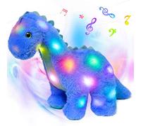 Hopearl Luce di dinosauro farcito musicale a LED sul canto Diplodocus morbido peluche con collo lungo volume regolabile regali animati per bambini piccoli, blu, 40,6 cm