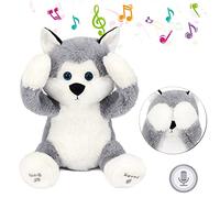 Hopearl Peek A Boo Husky interattivo ripete cosa si dice peluche cane giocattolo musicale canto parlare adorabile animale elettrico compleanno festival, grigio, 29 cm