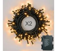 Hopelit Luci Natale Esterno 2 pezzi, Luci Natale Esterno Batteria 100LED 10m, Bianca Calda, Con Timer e 8 Modalità, IP44 Impermeabile per Albero di Natale Festive Festa