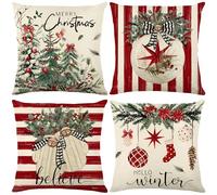 Hopomoon Fodere per Cuscini Natalizi 45x45 Design Invernale Stile Rustic Farmhouse Copricuscini Set da 4 Decorativi con Albero di Natale, Ghirlanda e Strisce, Per Divano e Soggiorno