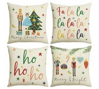 Hopomoon Fodere per Cuscini Natalizi 45x45 Tema Schiaccianoci e Frasi Copricuscini Set da 4 Decorativi Inverno in Lino-Look Stile Cartoon per Divano, Camera Bambini e Salotto