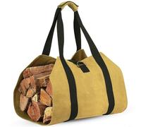 Hoppipola Borsa per legna da ardere in tela resistente, 99 x 48 cm, pieghevole, con passante per ascia e tracolla, per uso interno ed esterno, marrone (giallo)