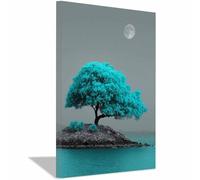 HOQIU arte vegetale da parete Pittura Lunare dell'isola dell'albero blu stampe su tela, quadri grandi dimensioni, Adatto per soggiorno, camera da letto, cucina(Multicolore)-40x60cm Incorniciato