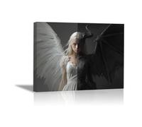 HOQIU bianco e nero, quadro su tela Angeli e demoni pittura per quadri per soggiorno, camera da letto, appartamento.(bianco e nero)-40x60cm Incorniciato