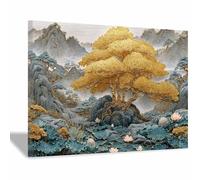 HOQIU quadri moderni Filastrocca nazionale del paesaggio dell'albero d'oro albero della vita quadri, Quadri in tela, per cucina, soggiorno e bagno(Multicolore)-60x80cm Incorniciato