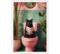 horakey Divertente gatto nero che utilizza il WC poster carino gatto lettura giornale arte bagno botanico animale rosa pittura toilette per soggiorno camera da letto WC decorazione da parete 30,5 x