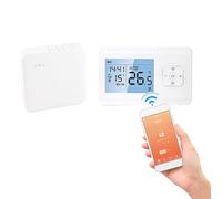 Horett Termostato Intelligente WiFi, Programmazione a 6 Periodi, | Alloggiamento per PC, Montaggio a Parete o da Tavolo, Riscaldamento con Caldaia a Gas, App , Compatibile con e Assistant