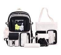 HORHREAR Kawaii Backpack 5Pcs Set for School Cute Clear Backpack Preppy with Aesthetics Pendant for Girls Boys Primary Bag (Black)