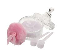 HORIALENCE Puff per Cipria per Bebè 90x30 Mm, Peluche Bianco e Rosa | Barattolo in Vetro con Coperchio, Due Cucchiaini Inclusi, Manico a Fiocco e Finitura Soffice