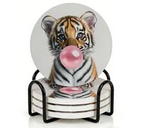 Horienteeon 4 sottobicchieri con supporto in metallo, sottobicchieri in ceramica da 10,3 cm con base in sughero, divertenti sottobicchieri con gomma da masticare e tigre, per animali selvatici e