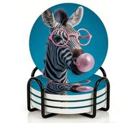 Horienteeon 4 sottobicchieri per bevande con supporto in metallo, 10,3 cm, antiscivolo, da tavolo, sottobicchieri in ceramica con base in sughero, motivo zebrato, set di sottobicchieri per tazze