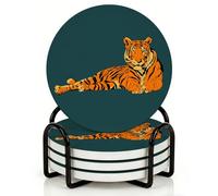 Horienteeon 4 sottobicchieri per bevande con supporto in metallo, sottobicchieri in ceramica da 10,3 cm con base in sughero, set di sottobicchieri rustici con tigre selvatica per decorazione di cabine