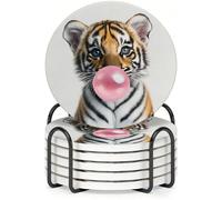 Horienteeon 6 sottobicchieri con supporto in metallo, sottobicchieri in ceramica da 10,3 cm con base in sughero, divertenti sottobicchieri con gomma da masticare e tigre, per animali selvatici e