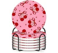 Horienteeon 6 sottobicchieri con supporto in metallo, sottobicchieri in ceramica da 10,3 cm con base in sughero, set di sottobicchieri con ciliegia rosa dolce e fiocco per tipi adatti di cucina e