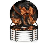 Horienteeon 6 sottobicchieri in ceramica con cappello da strega e zucca | Sottobicchieri in ceramica, con base in sughero, in ceramica assorbente, antiscivolo, protegge i tavoli