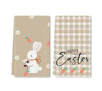 Horienteeon Asciugamani da Cucina Pasquale, Set di 2 Asciugamani Pasquale, Asciugamani da Piatto e Tè Felice Pasqua con Coniglio, Fiore, Marrone a Quadri, Decorazioni per la Casa in Stile Vacanza di