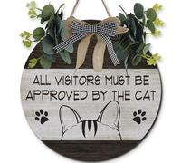 Horienteeon Cartello divertente in legno con gatto per porta d'ingresso, 28 cm, con scritta in inglese "All Visitors Must Be Approved By The Cat" Welcome Home Gifts Decorazione per gatti per gli