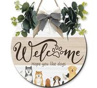 Horienteeon Cartello in legno con scritta "Welcome We Hope You Like Dogs" per porta d'ingresso, ghirlande rotonde in legno, 30 cm, da appendere alla parete all'aperto, fattoria, portico, ghirlanda di