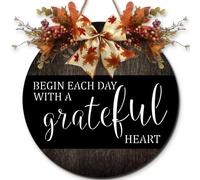 Horienteeon Cartello in legno da appendere con scritta "Begin Every Day With A Grateful Heart", cartello di benvenuto autunnale per la casa, rustico per il giorno del Ringraziamento, per portico